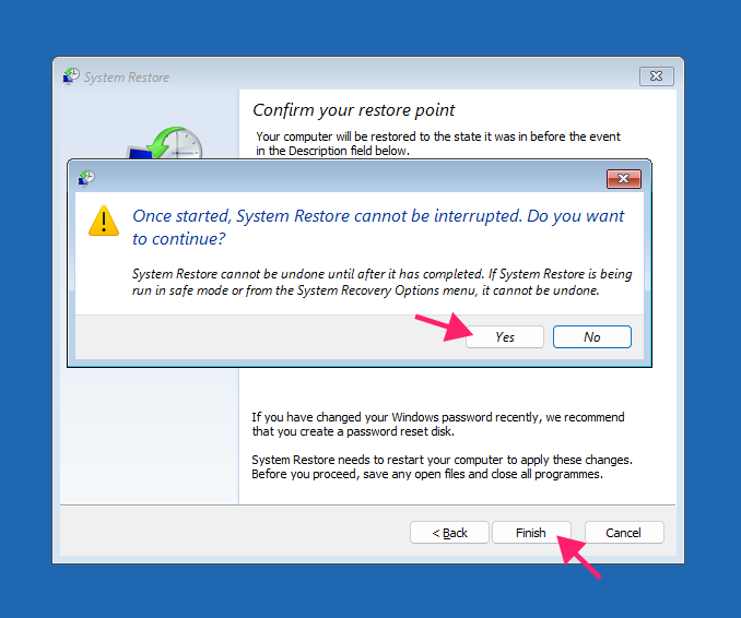 Confirm restore point in WinRE