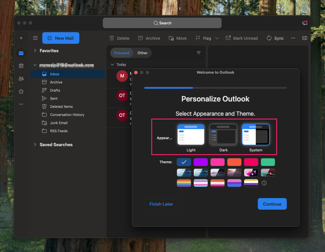 Dark theme in Outlook for macOS appearance settings