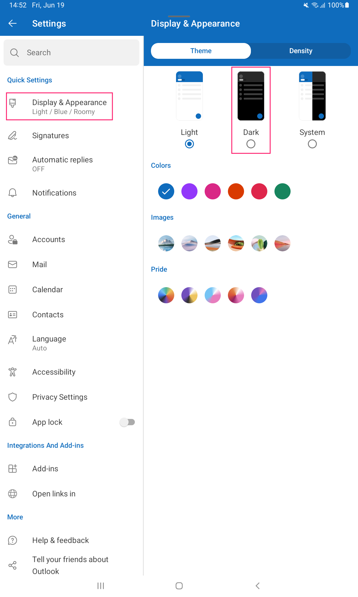 Display and appearance settings in Android Outlook settings