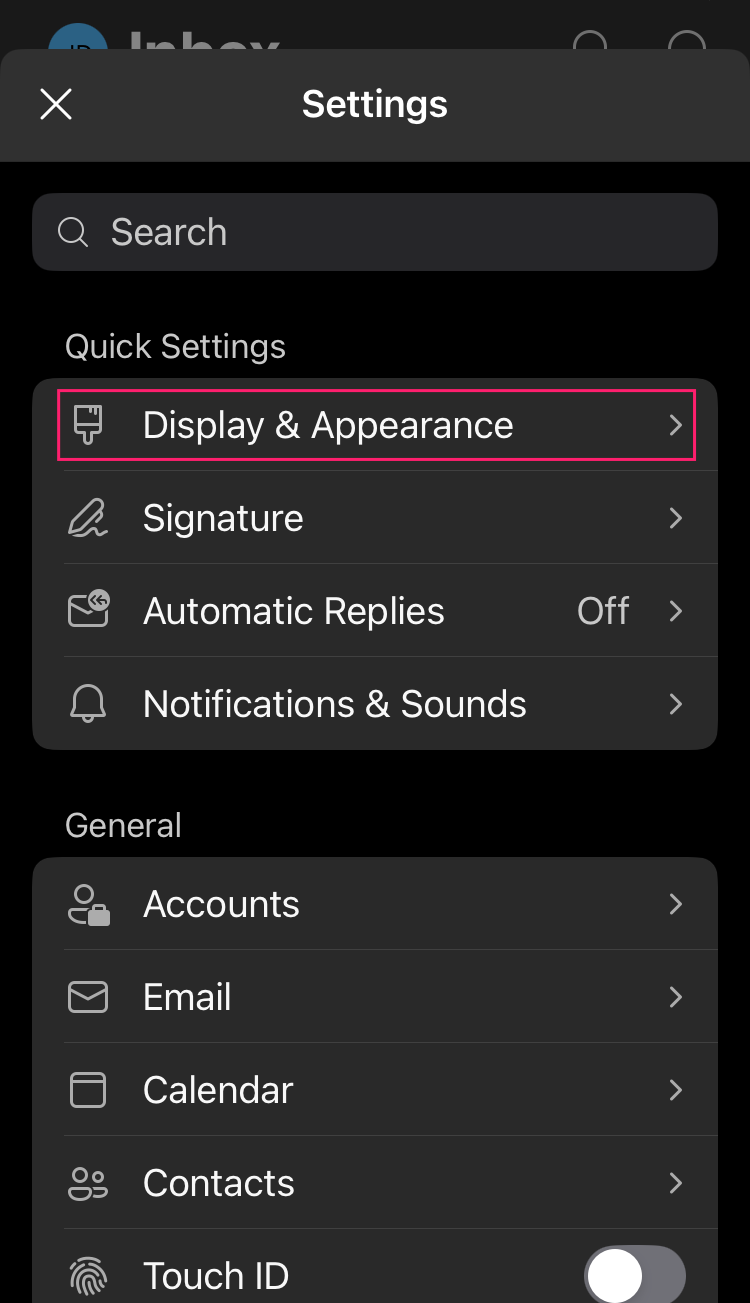 Display and appearance settings in iOS Outlook settings