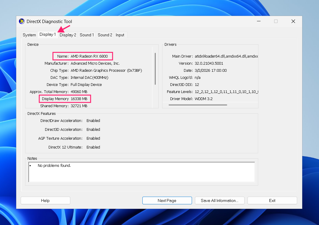 Display tab in dxdiag
