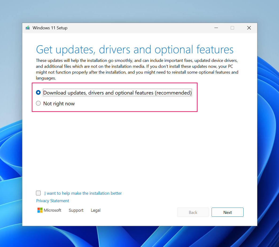 Download updates and drivers and optional features
