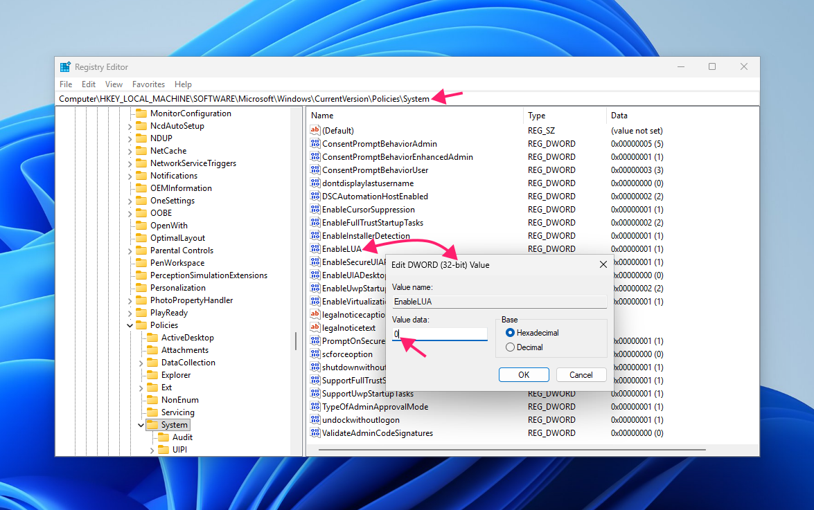 EnableLUA key in registry