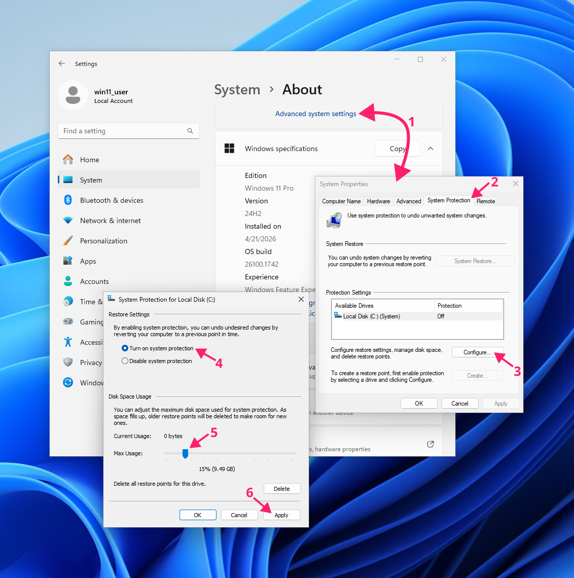 Enable System Protection from About settings