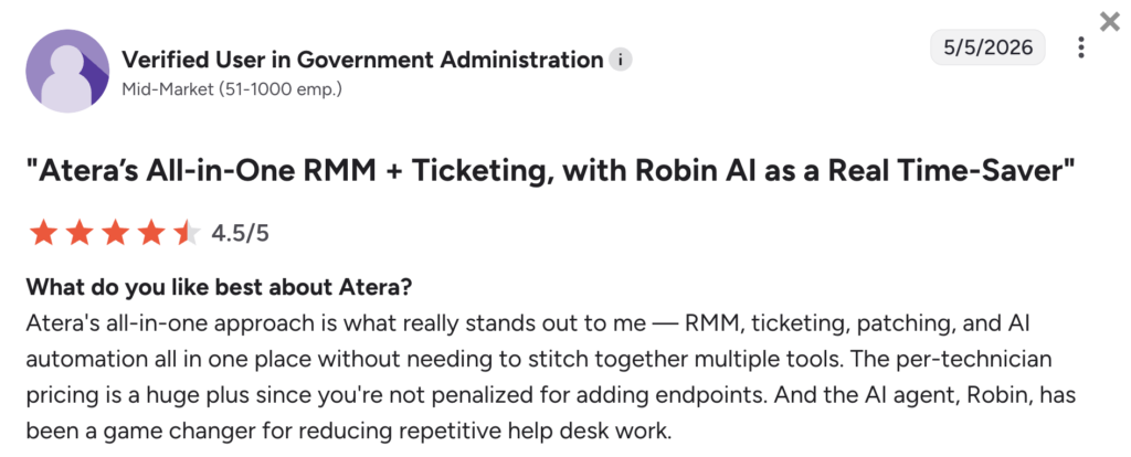 G2 user about atera's all-in-one approach