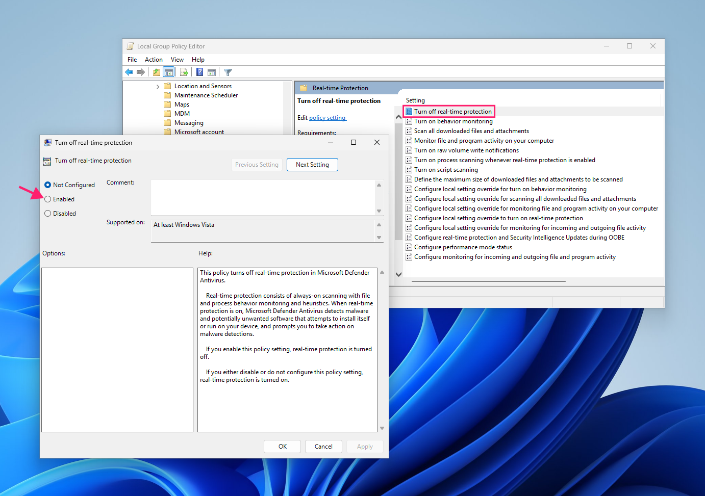 GPO for disabling real-time protection