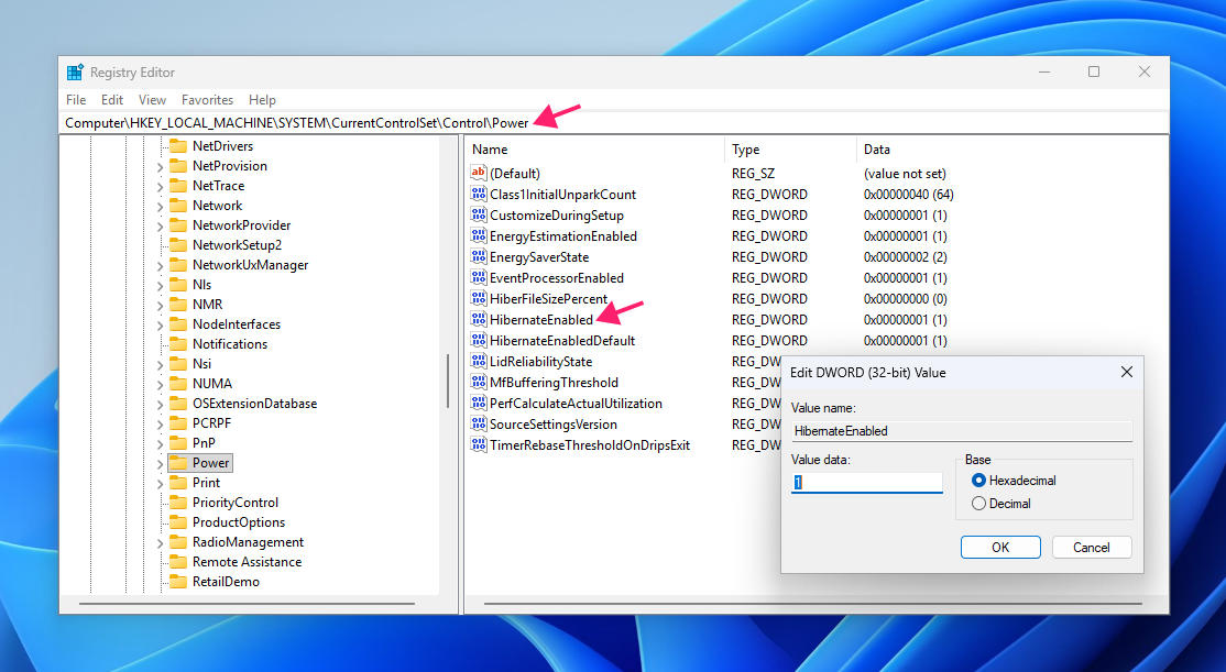 HibernateEnabled DWORD value in Registry Editor HibernateEnabled DWORD value in Registry Editor