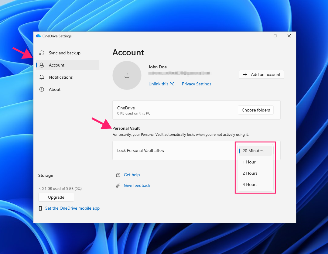Lock Personal Vault after timeout settings