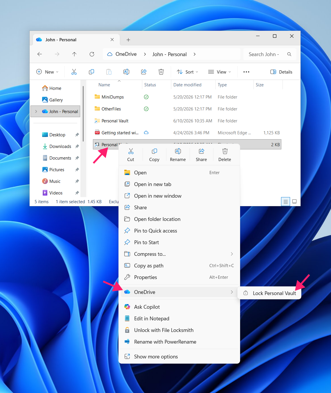 Lock personal vault through File Explorer