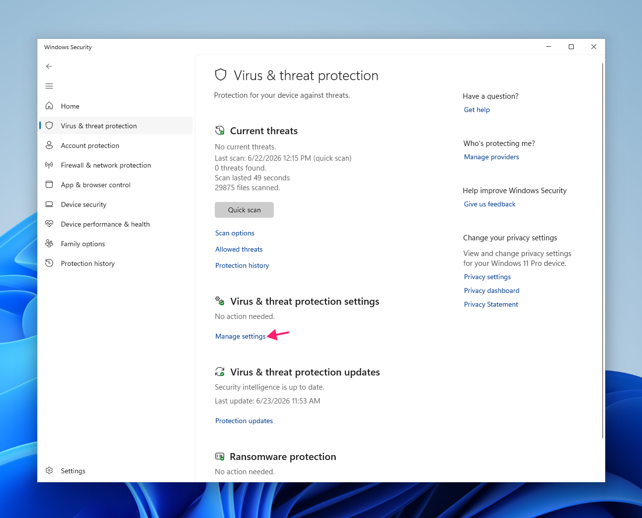 Manage Virus and threat protection settings