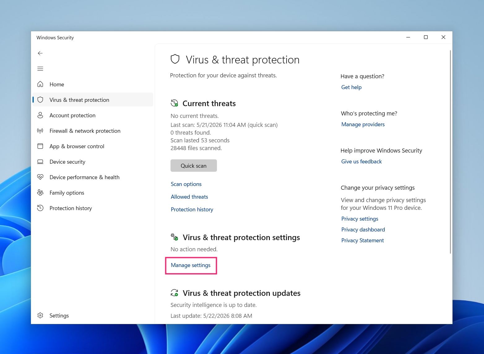 Manage settings in Virus and threat protection Manage settings in Virus and threat protection
