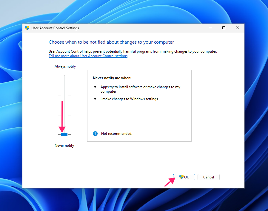 Never notify in user account settings