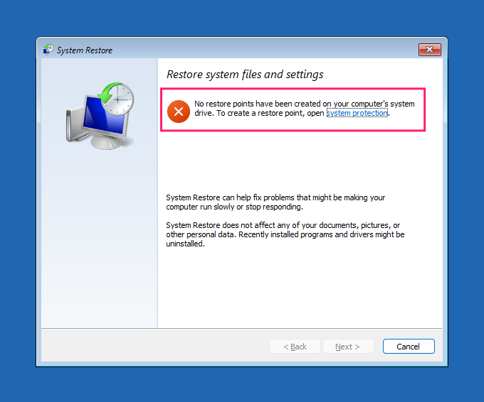 No restore point in Windows 11