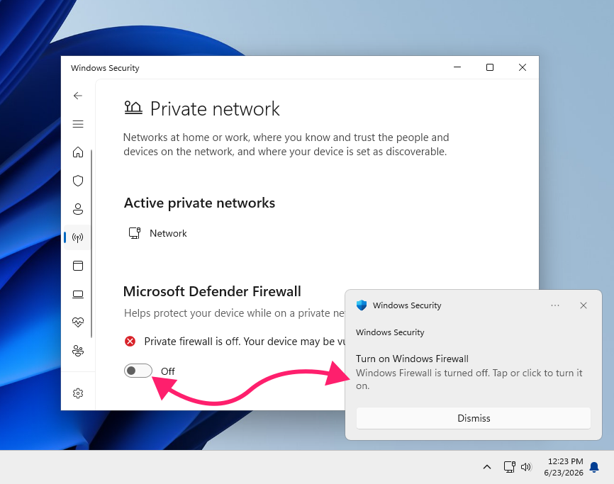 Notification for turning off Firewall