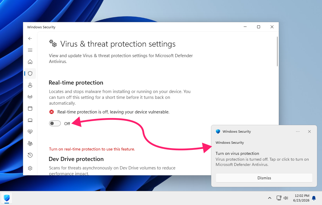 Notification for turning off real-time protection