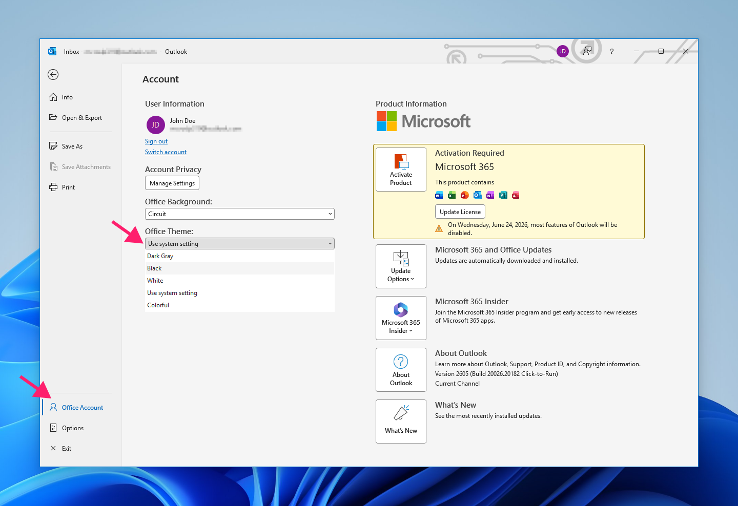 Office theme dropdown menu