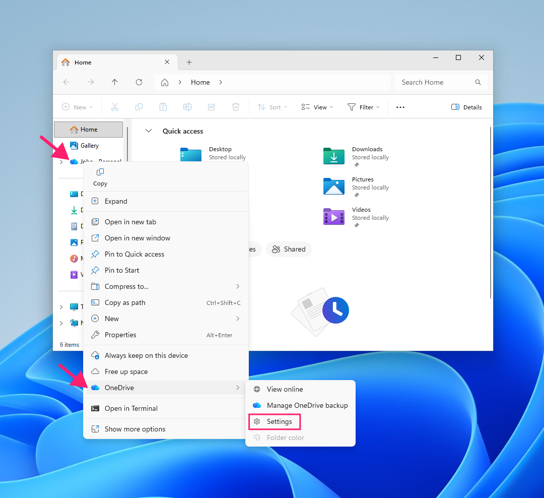 Open OneDrive settings through File Explorer