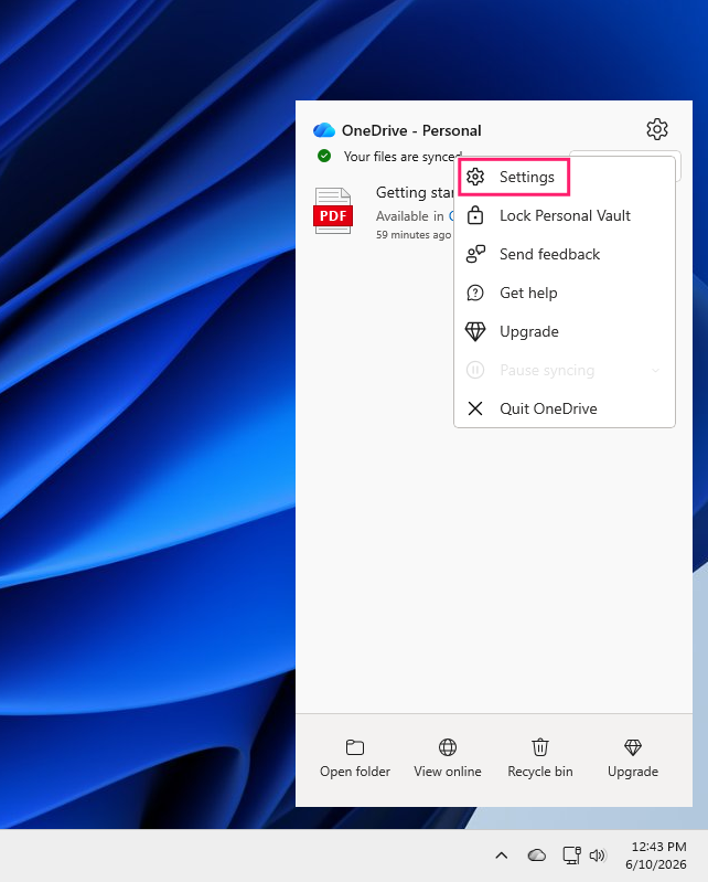 Open OneDrive settings through taskbar