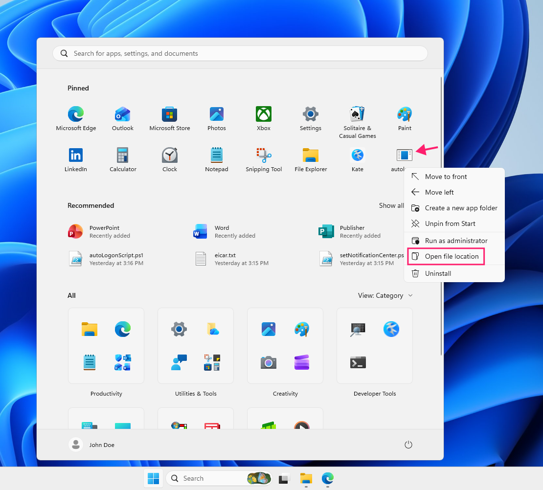 Open file location from Start Menu