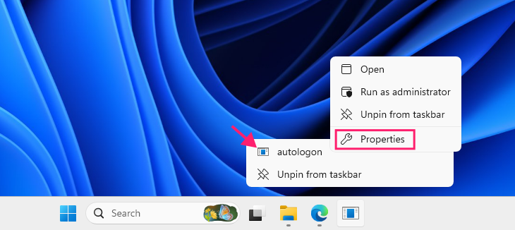 Open shortcut properties from taskbar