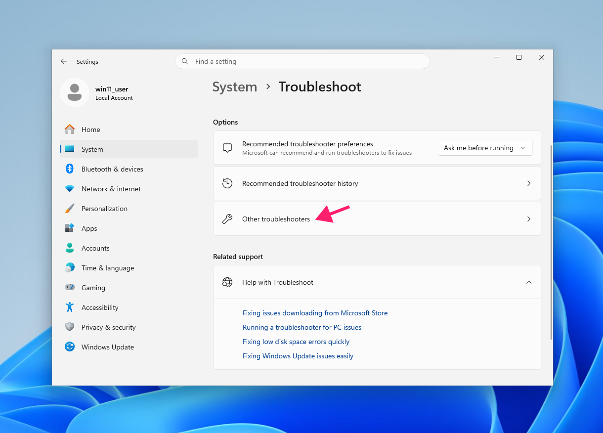 Other troubleshooters in System settings