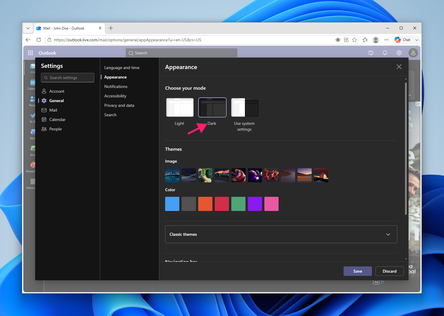 Outlook appearance on the web app