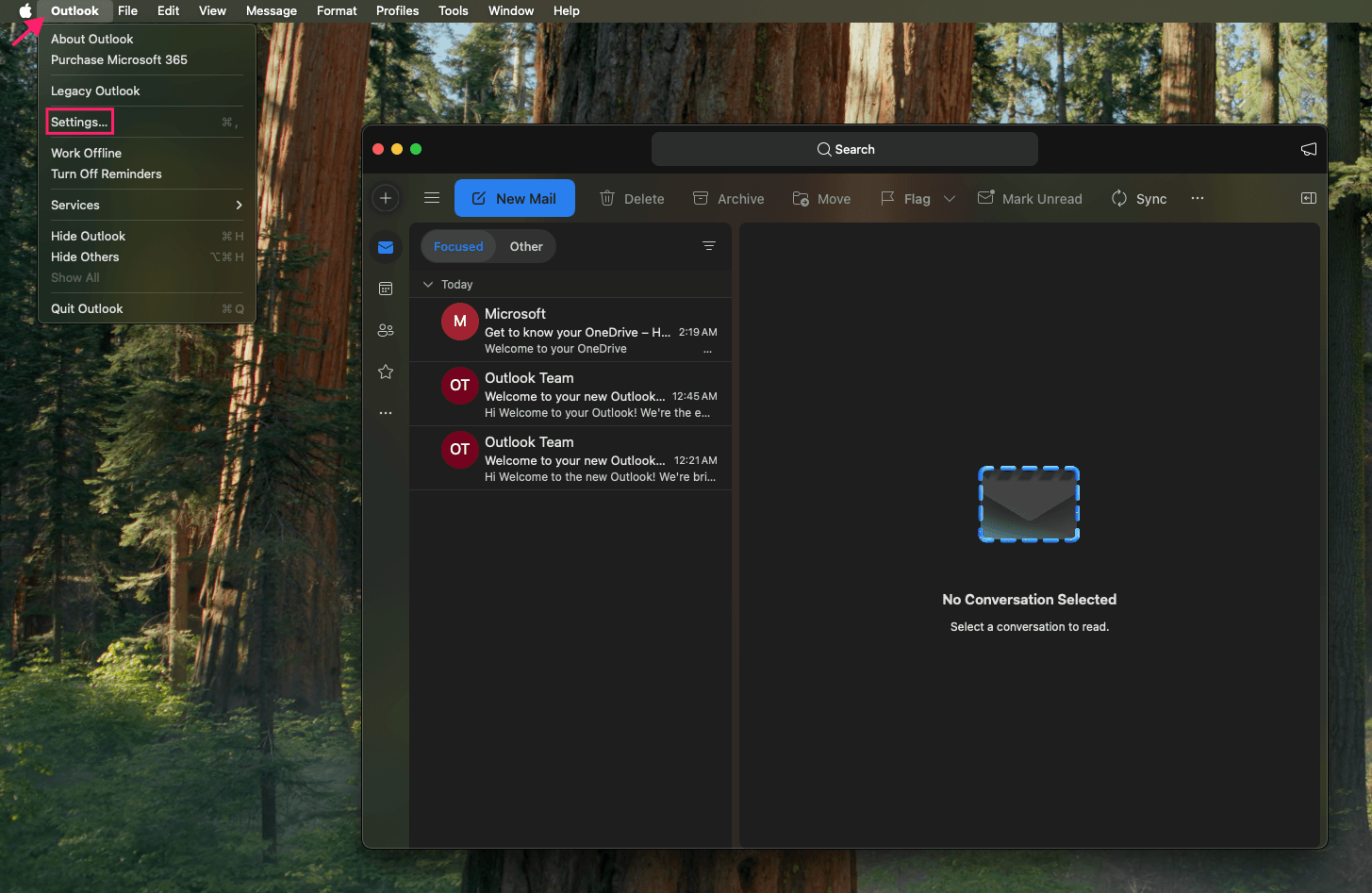 Outlook settings in macOS