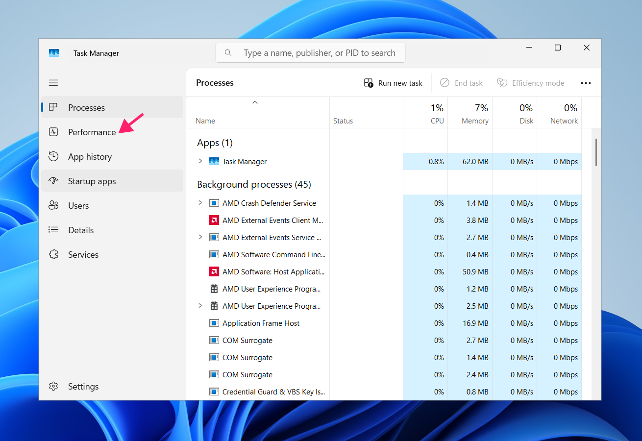 Performance tab in Task Manager