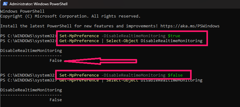 PowerShell script for disabling real-time protection
