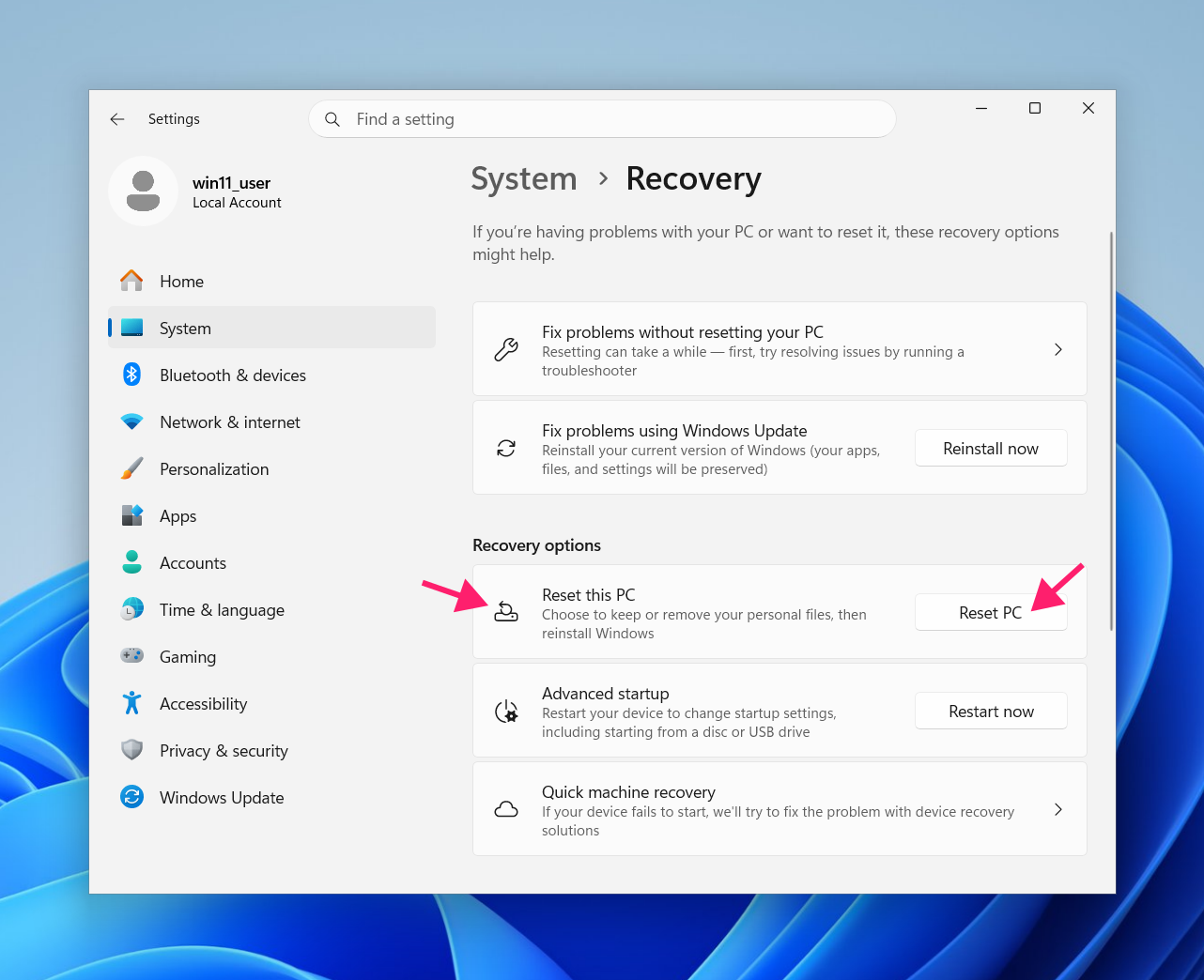 Reset this PC in Recovery Settings