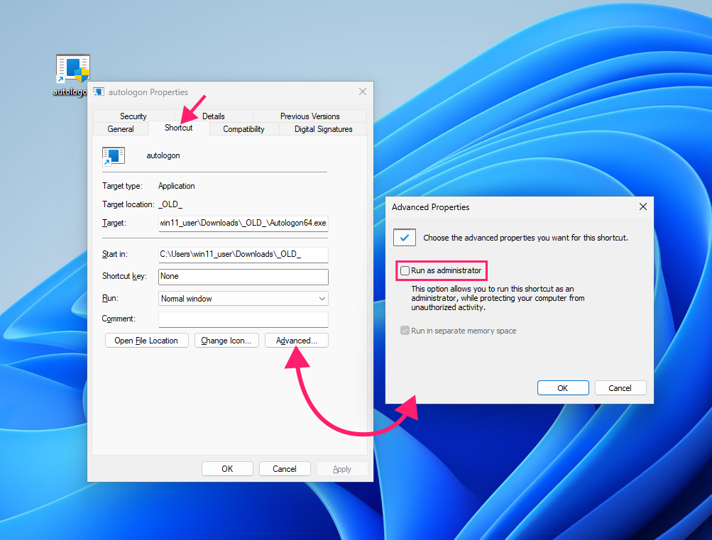 Run as administrator properties for shortcut