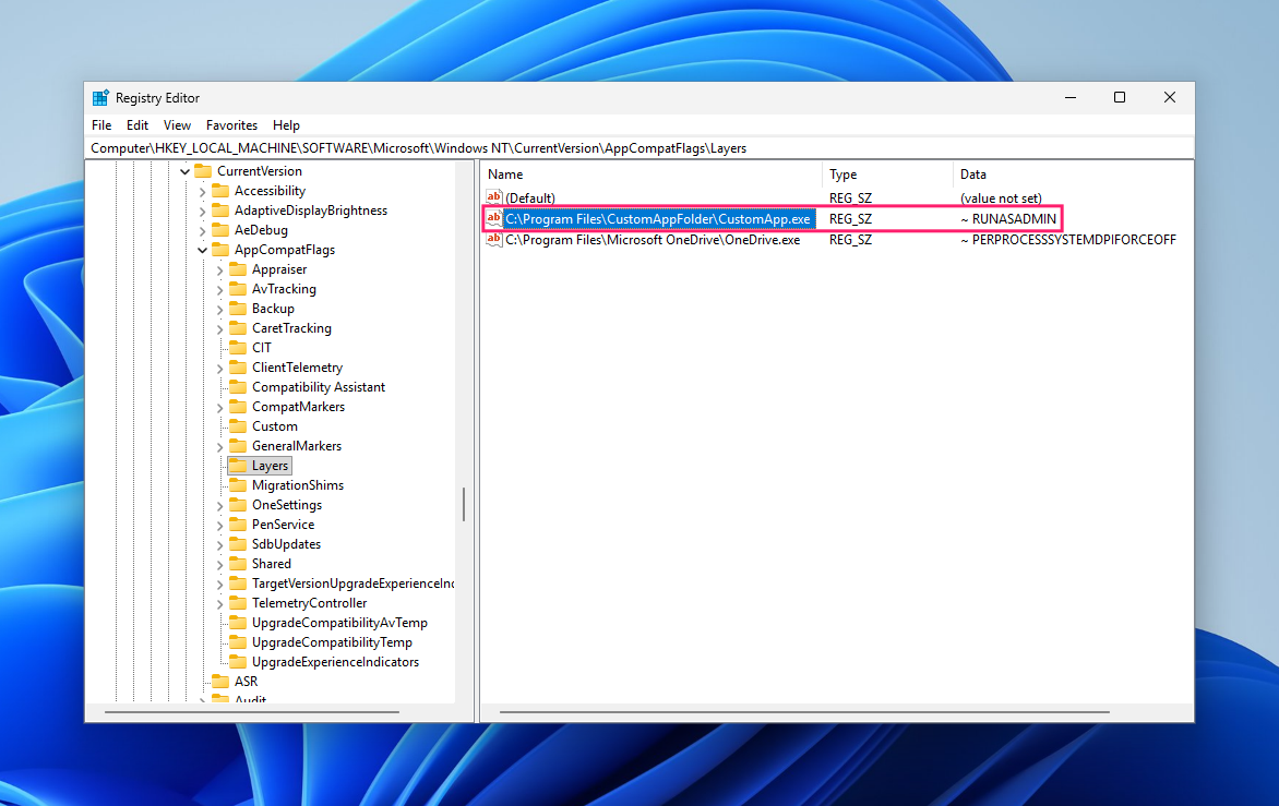 Runasadmin string value in regedit