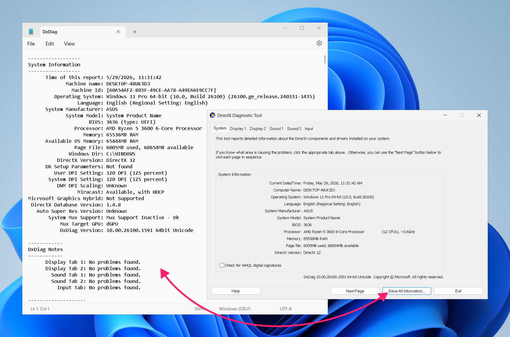 Save all information in dxdiag