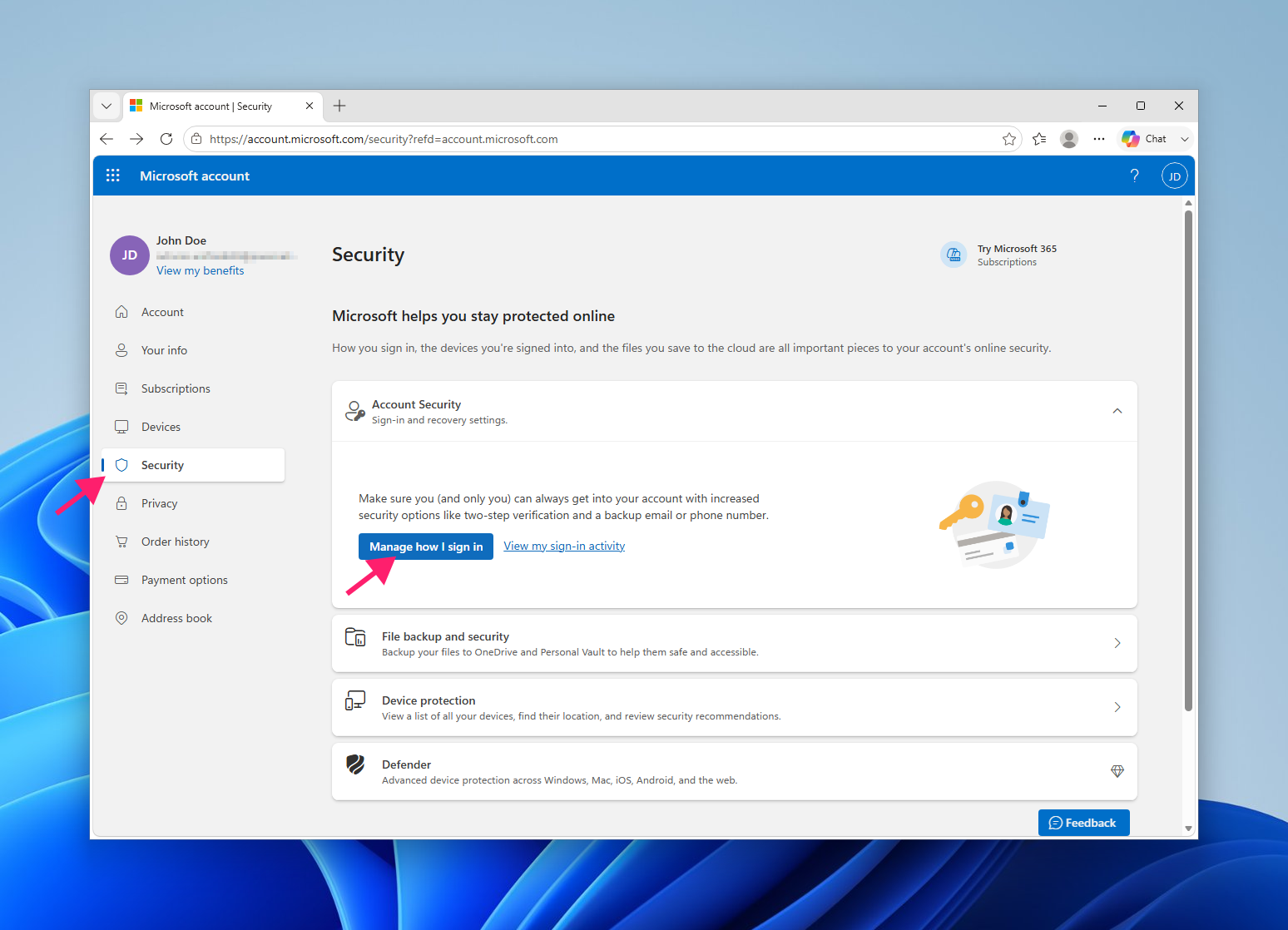 Security Tab in Microsoft settings