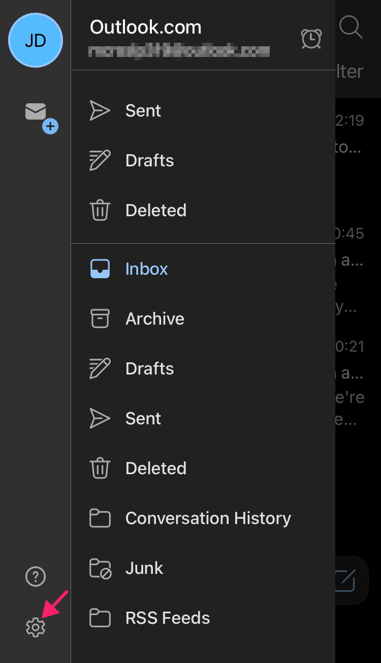 Settings icon in iOS Outlook settings