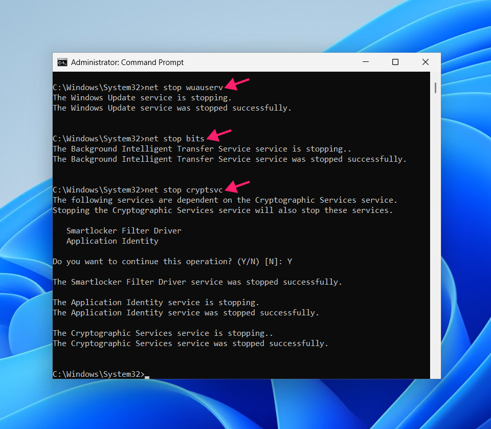 Stop Windows Update services from Command Prompt