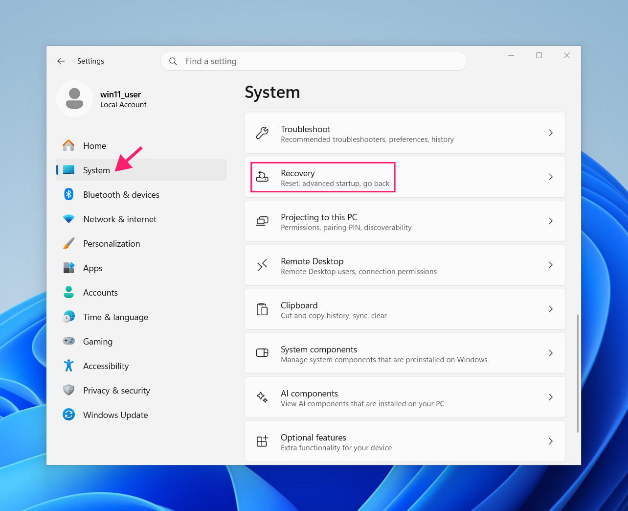 System Recovery in Settings