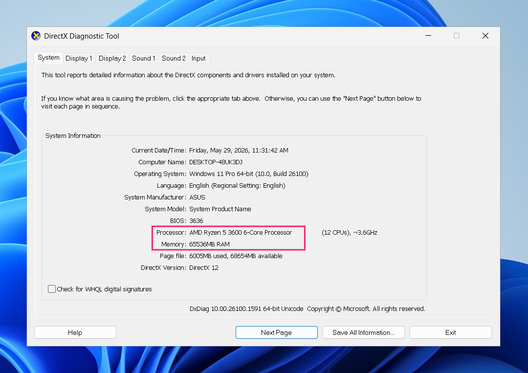 System Tab in dxdiag
