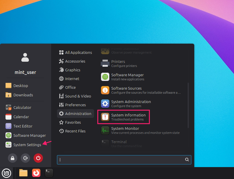 System information through Start menu on Linux