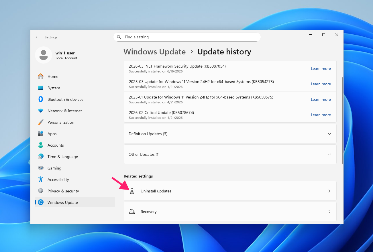 Uninstall Windows update