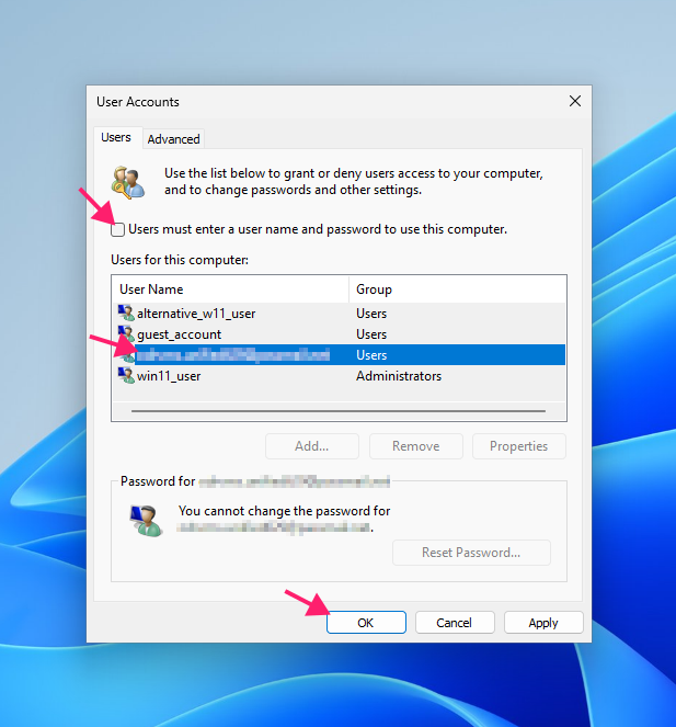 User accounts dialog on Windows 11 User accounts dialog on Windows 11