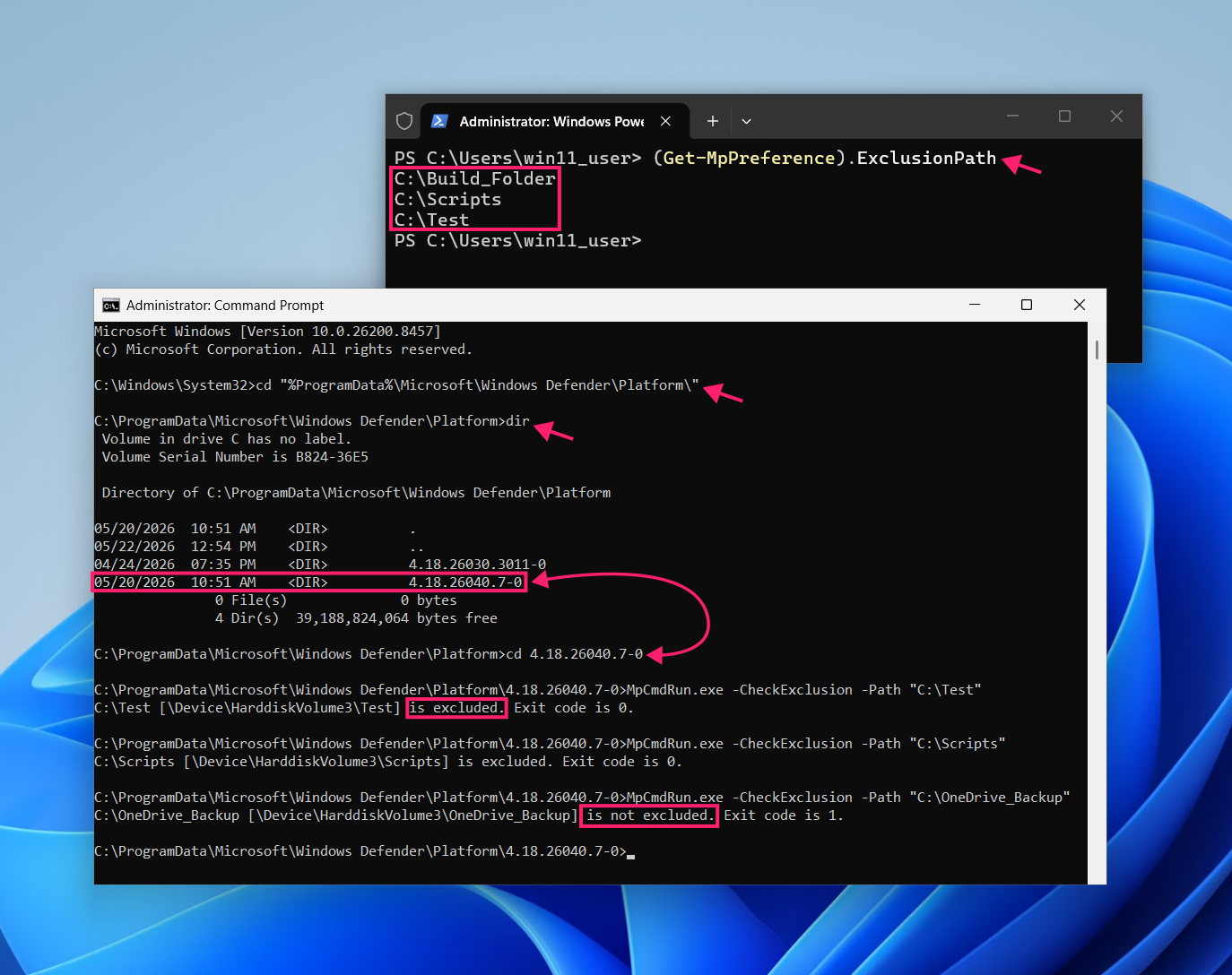 Verify active exclusions via Command Prompt Verify active exclusions via Command Prompt