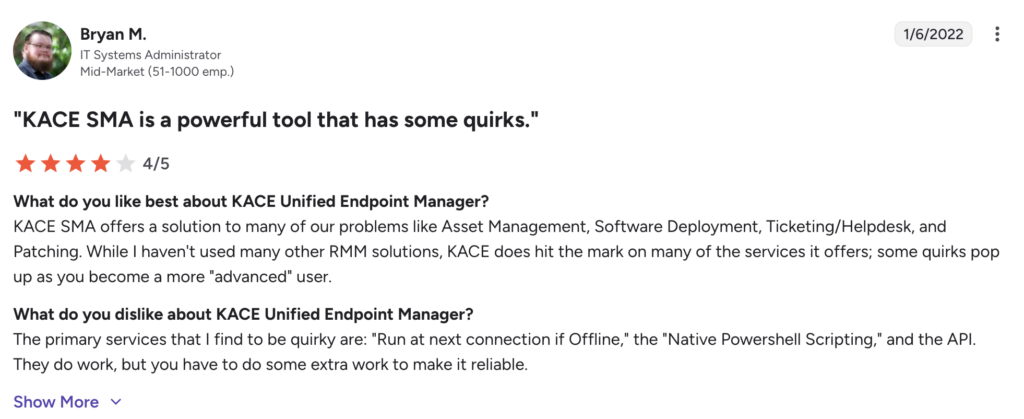 Bryan M. wrote on the latest KACE review