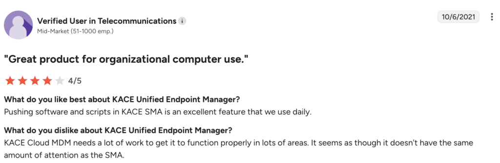 KACE user comment