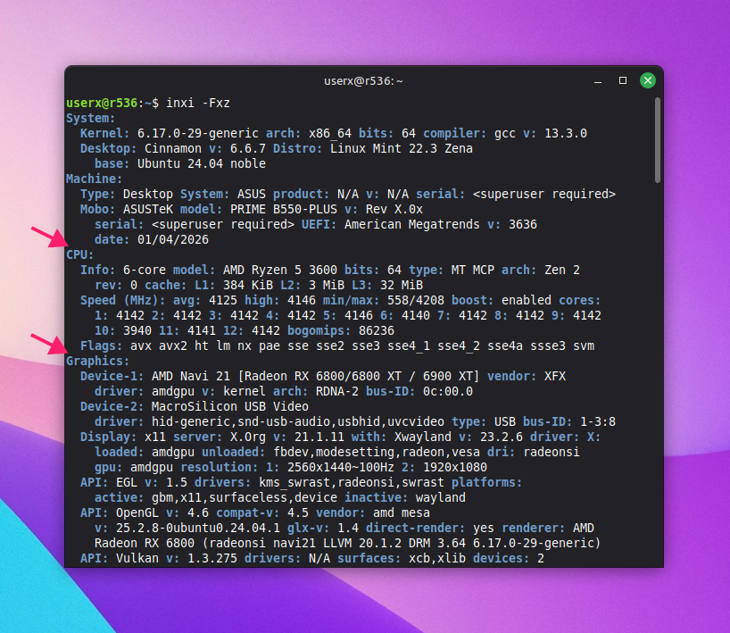inxi -Fxz command on Linux