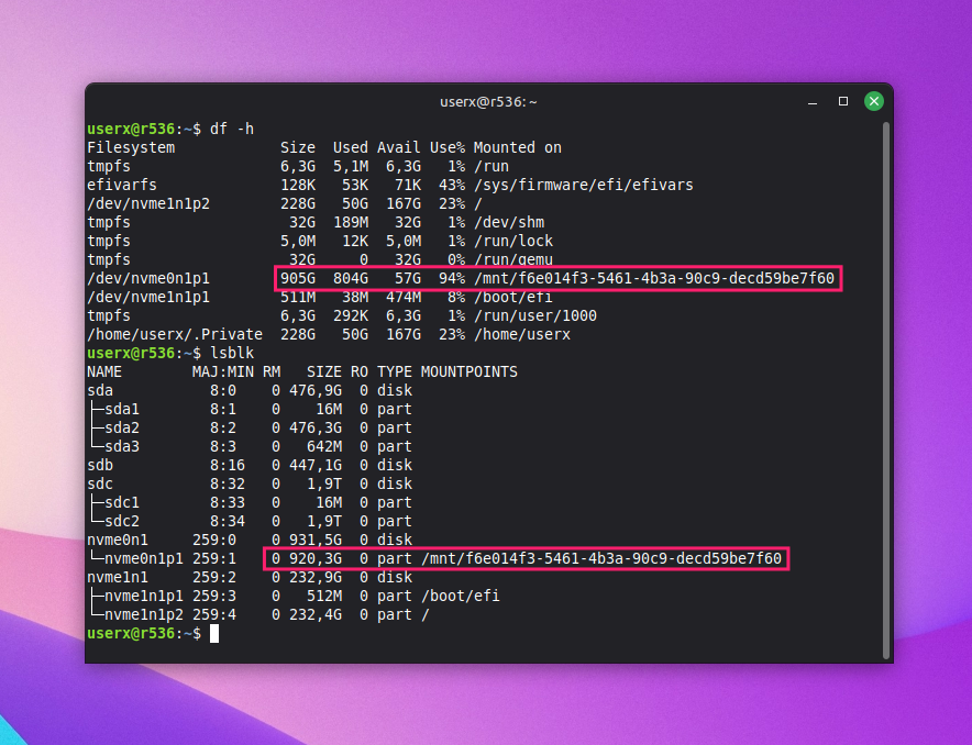 lsblk and df -h commands on Linux