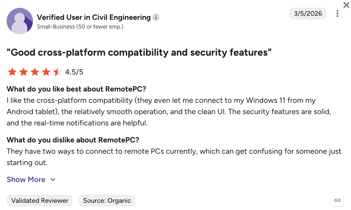 G2 user comment on RemotePc
