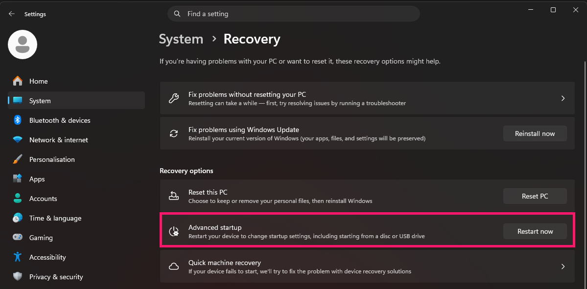 Advanced startup in System Recovery Advanced startup in System Recovery