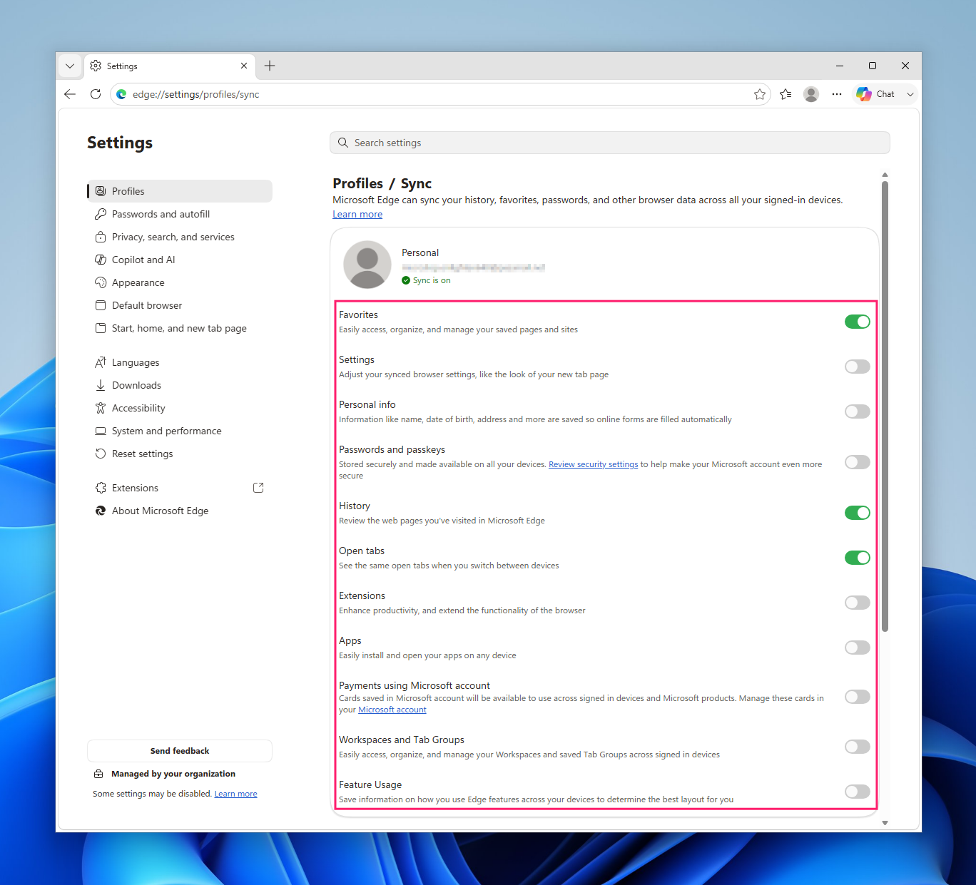 Change sync settings in Edge Change sync settings in Edge