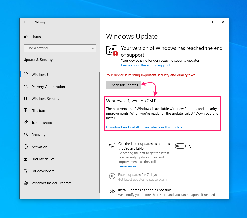 Check Windows Update eligibility status Check Windows Update eligibility status